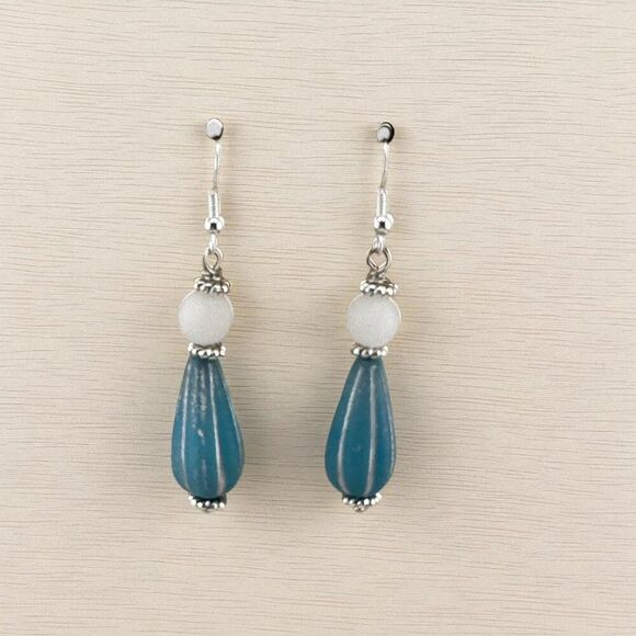 Blue Melon Teardrop & White Jade Earrings Czech Glass 925 Sterling Silver - Picture 9 of 10